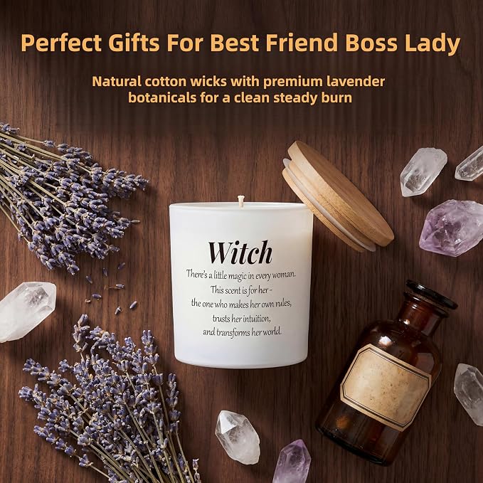 Witchy Scented Candles for Women, Funny Spiritual Scented Candles for Best Friend Birthday, Unique Self Care Boss Lady Mentor Present, 9.5oz Matte White Pine Wood Lid, Lavender Aromatherapy