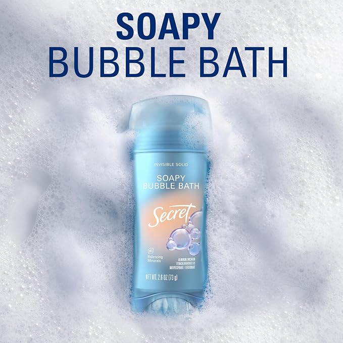 Secret Fresh Antiperspirant Deodorant for Women, 72hr Breathable Sweat & Odor Protection, Instant Freshness & Gentle, PH Balancing Minerals, Invisible Solid, Soapy Bubble Bath Scent, 2.6 oz