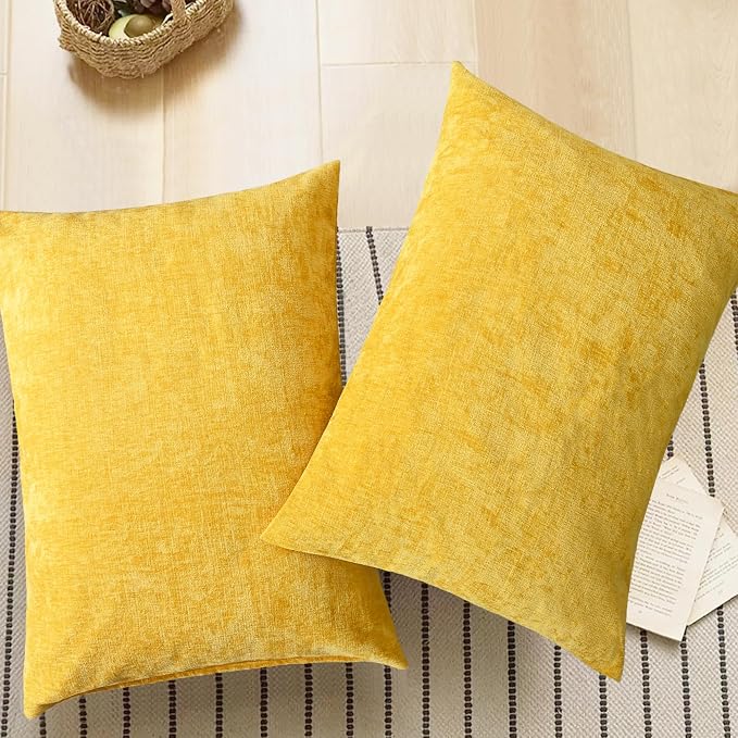 CaliTime Decorative Throw Pillow Covers 26 X 20 Inches Mustard Yellow | Pack of 2, Cozy Chenille Cushion Cases for Sofa Bed Living Room Farmhouse Home