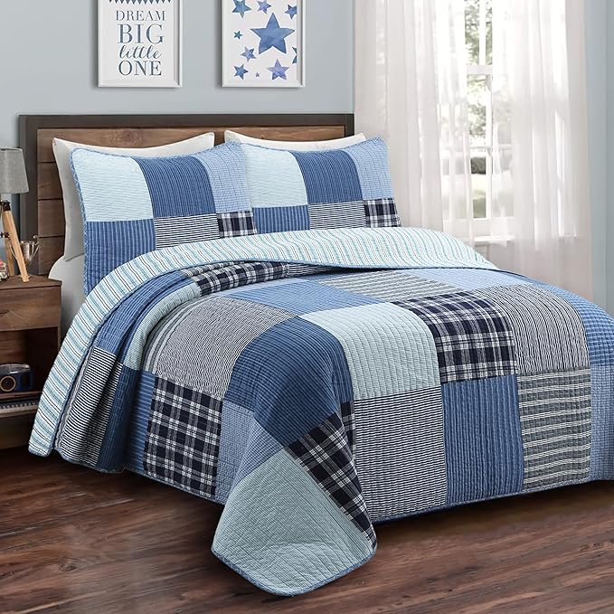 Cozy Line Home Fashions Plaid Patchwork Bedding Quilt Set, Navy Blue 100% Cotton Reversible Coverlet Bedspread for Kids Teen Boy (Craver, Queen - 3 Piece)