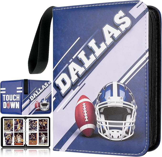 HBK Football Card Binder 400 Pockets, 3-Ring Sports Trading Card Holder with Zipper, Waterproof PU Leather Collector Album with 50 Removable Sheets for Standard Cards