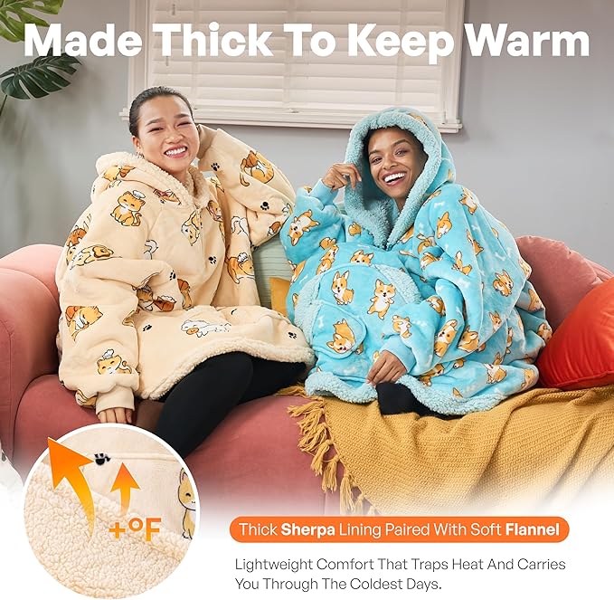 Giggling Getup Wearable Blanket Hoodie for Adults Gifts for Teen Girls Sister Women Sherpa Fleece Printed Hooded Blanket Sweatshirt Warm Cozy with Pocket & Sleeves Beige Cat