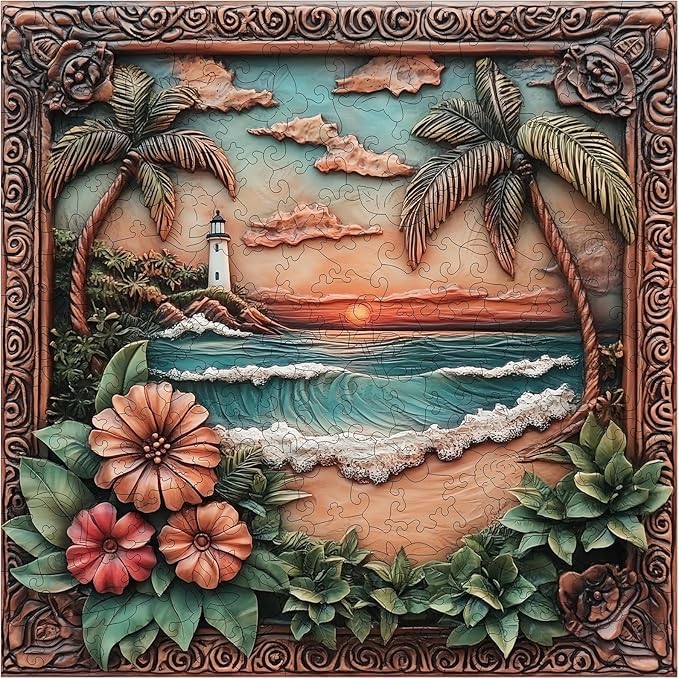 Ixfyloop Wooden Puzzle Puzzles, Lighthouse Wooden Puzzles for Adults, Sunset Beach Adult Puzzles 200pcs, Wood Jigsaw Puzzles Best Gift for Adults and Kids, Family Game 11.2x11.2 inch