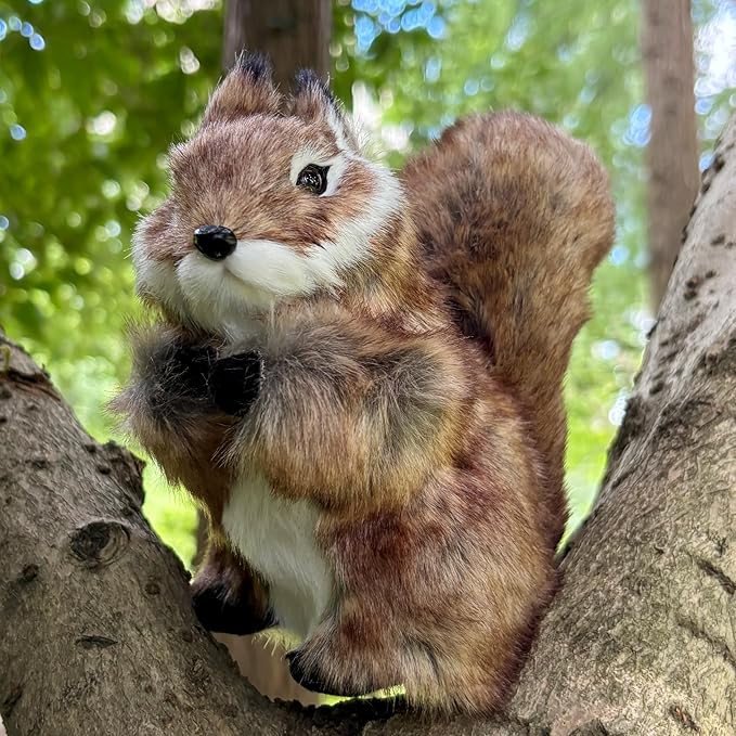 Realistic Squirrel Figurine - Lifelike Plush Squirrel with Bushy Tail, Handcrafted Collectible Stuffed Animal for Fall, Thanksgiving, Home & Shelf Decoration
