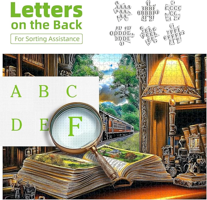 Vintage Train 1000 Piece Jigsaw Puzzle for Adults Fantasy Book Railway Station Night Lamp Whimsical Scene Adult Puzzles 1000 Pieces with Letters on Back Difficult Fun Unique Puzzle Games for Adults