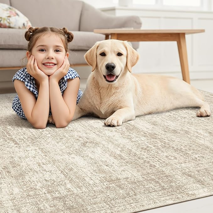 Soalmost Washable Area Rug 8x10 Large Soft Beige Rugs for Living Room | Vintage Non-Slip Carpet for Dining Bedroom, Stain Resistant Low Pile Foldable Lightweight Floor Mat Under Table Home Decor