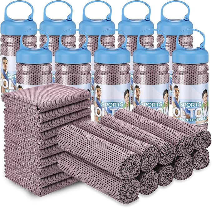 Honoson 20 Pcs Cooling Towels for Neck and Face, 47"x12" Sports Breathable Ice Towels Microfiber Chilly Sweat Rags with Portable Bottle for Gym Golf Athletes Yoga Workout Hot Weather (Pink)