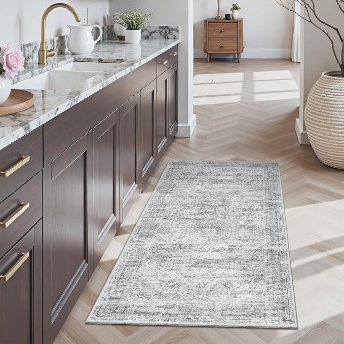 Soalmost 2x4 Washable Rugs for Kitchen, Entryway, Small Area Rug Grey | Non-Slip Vintage Low Pile Throw Door Mat For Bathroom Entry Laundry Powder Room, Stain Resistant Indoor Entrance Floor Carpet