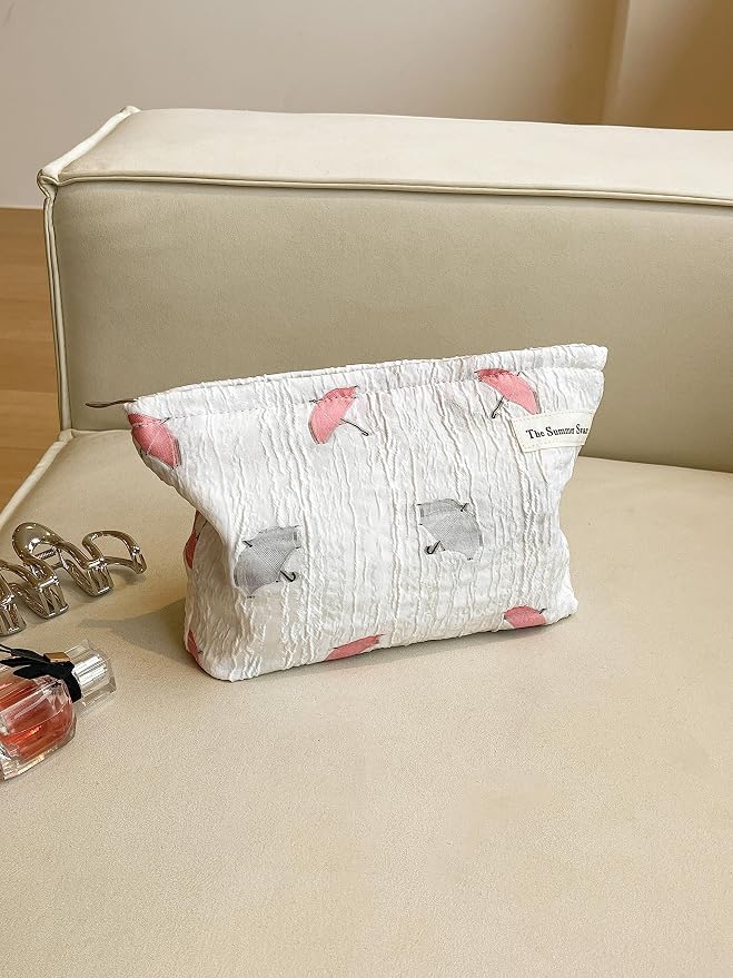 The Summer Swan | Large Aesthetic Floral Mid-day Clutch Period Kit Hygiene Skincare Cute Makeup Bag (Umbrella White)