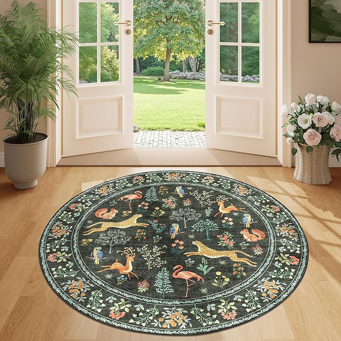 DUKINO 4ft Round Rug, Washable Animal Small Round Area Rug Non Slip, Black | Low Pile, Soft, Non-Shedding Indoor Circle Carpet for Bedroom, Entryway, Living Room, Farmhouse, Pet Friendly, Lightweight