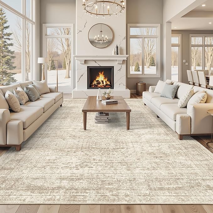 Soalmost 12x15 Washable Area Rugs Soft Living Room Rug Abstract Beige | Large Vintage Carpet Non-Slip for Dining Bedroom, Low Pile Thin Stain Resistant Foldable Indoor Floor Mat Home Office Decor