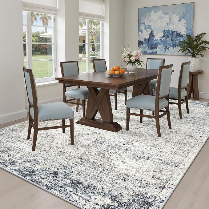 Soalmost 6x9 Area Rug for Living Room Washable Rugs Non-Slip Blue/Ivory | Low-Pile Vintage Carpet for Dining Bedroom, Foldable Thin Stain Resistant Floor Mat Under Table Home Office Nursery Decor