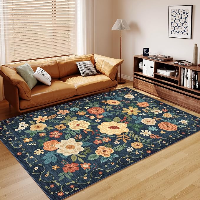 DUKINO 5x8 Area Rug for Bedroom, Floral Washable Rug Non Slip, Navy Blue | Low Pile, Non-Shedding, Soft Indoor Rug for Living Room, Dining Room, Kids Room, Office, Nursery, Pet Friendly, Home Decor
