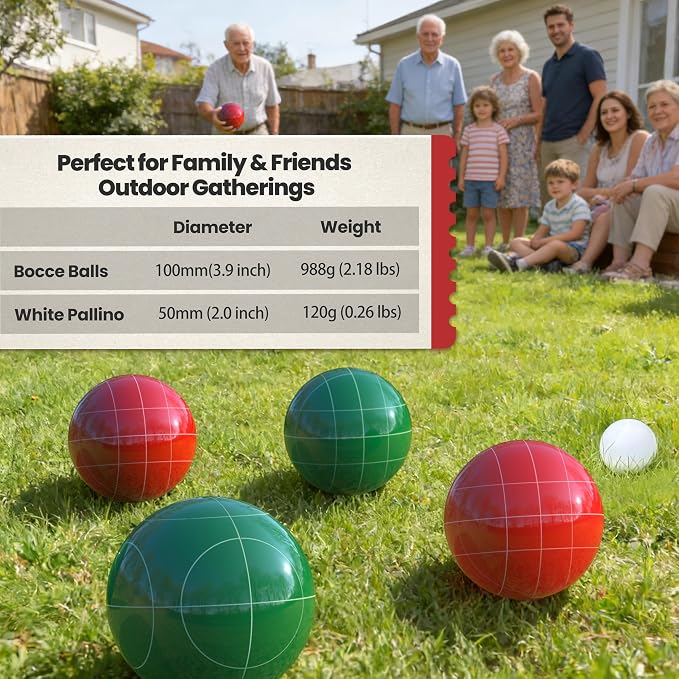 Bocce Ball Set 100mm Regulation Size and Weight for Lawn, Beach Bocci Game Sets for 2-8 Players (Red and Green)
