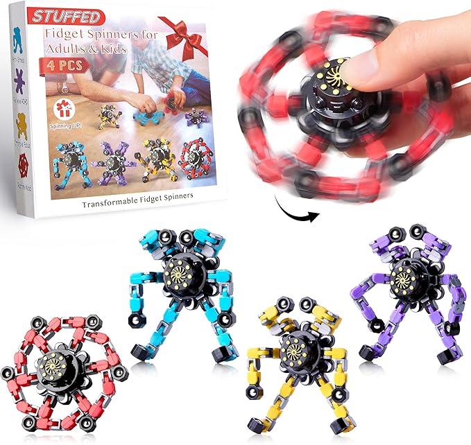 Transformable Fidget Spinners Toys for Adults Kids, 4 Pcs Sensory Toys for Teens with Autism Anxiety Stress Relief Gifts, Durable Robot Fingertip Gyros for Party Favors Stocking Stuffers Treasure Box