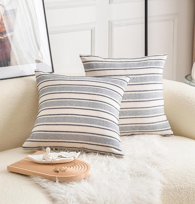Cethom Decorative Boho Throw Pillow Covers, Farmhouse Textured Pillow Case, 20 x 20 Inch Set of 2, Chair Sofa Bedroom Living Room Decor Couch Cushion Case, Navy Blue and Beige Striped