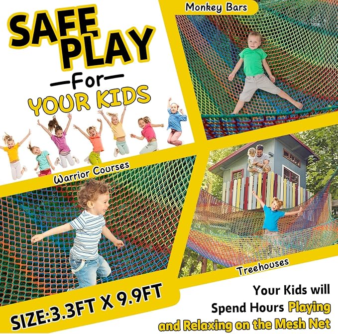 Climbing Net for Kids - 3.3FT x 9.9FT Double Layers Heavy Duty Playground Safety Net, Climbing Cargo Net for Tree House Tree Fort, Back Yard, Jungle Gyms, Monkey Bar Security Mesh（Rainbow）