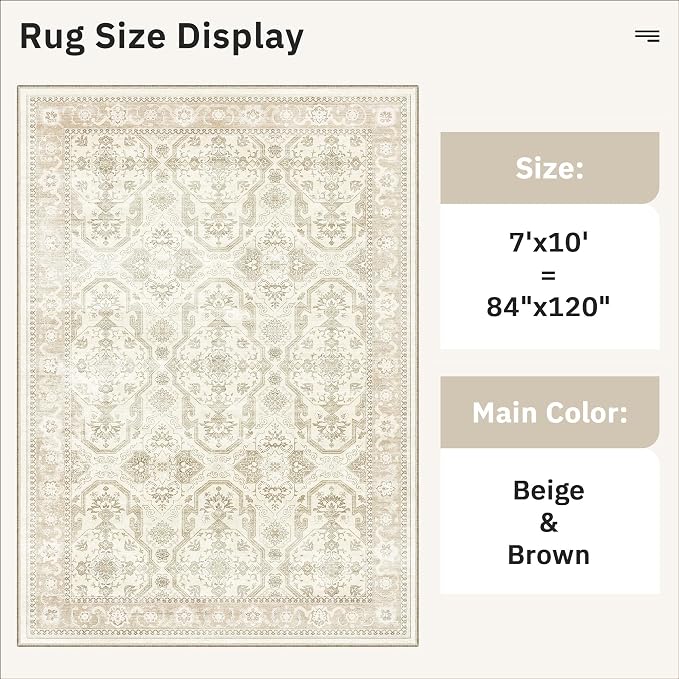 Soalmost 7x10 Area Rug for Living Room Washable Rugs Non-Slip Beige/Brown | Low-Pile Vintage Carpet for Dining Bedroom, Foldable Thin Stain Resistant Floor Mat Under Table Home Office Nursery Decor