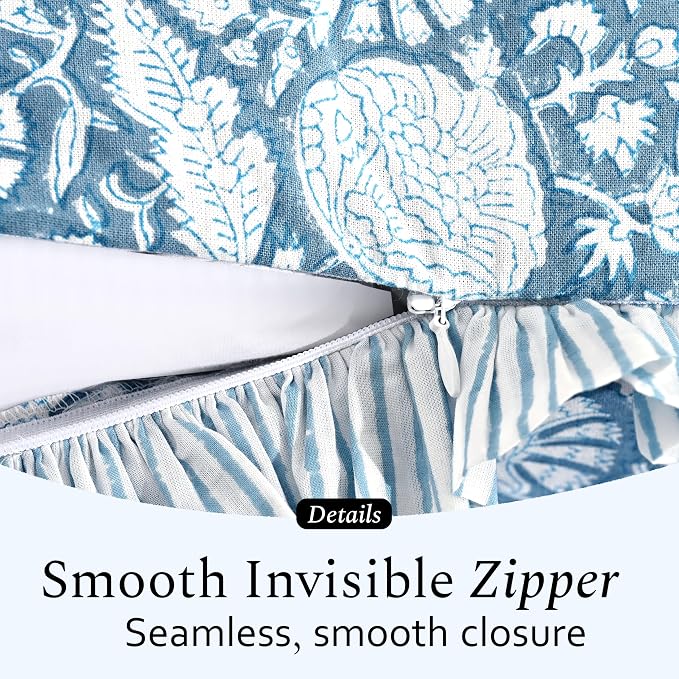 CPC Blue Meadow Hand Block Print 100% Cotton Ruffle Throw Pillow Cover 20x20 inch with Hidden Zipper Decorative for Couch, Bed, Sofa, Farmhouse, Cottagecore Decor Gift Christmas Fall Thanksgiving