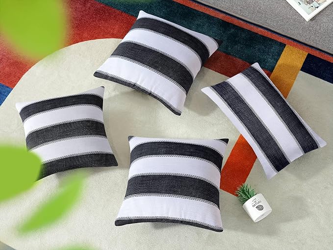 Pack of 2 Farmhouse Stripe Check Throw Pillow Covers Set Case Cotton Linen Decorative Pillowcases Cushion Cover for Couch Bench Sofa 18x18Inch Black