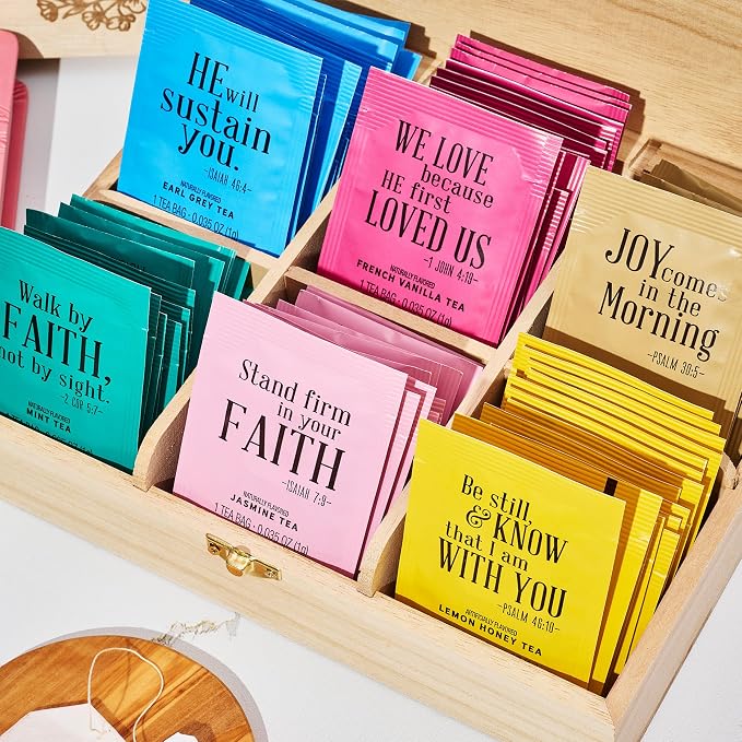Thoughtfully Gourmet, Christian Prayer Tea Gift Set with Bible Verses, Includes 90 Teas in 6 Flavors in Premium Wooden Box, Religious Gifts for Women, Mom, Sister, Friend