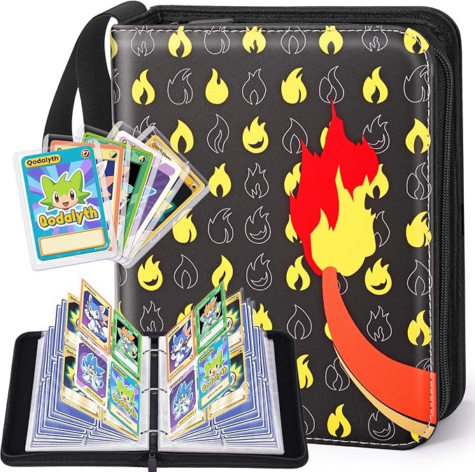 Card Binder – 4 Pocket Zipper Collection Album, Premium PU Holder, Double-Sided Display for 400 Cards, Includes 5 Hard Plastic Sleeves for Game Cards, Sports Cards(Fire)