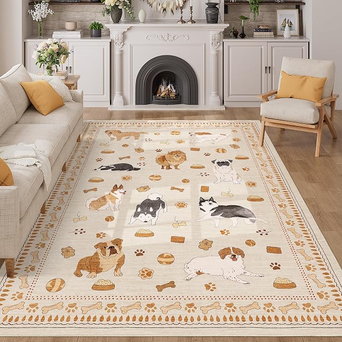 DUKINO 6x9 Washable Dog Area Rug for Living Room Non Slip, Beige Yellow | Non-Shedding, Stain Resistant, Soft Animal Carpet for Bedroom Kids Playroom Nursery Dining Room Farmhouse, Pet & Kid Friendly