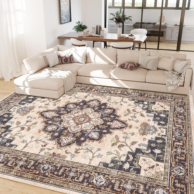 CAPALOCA 6x9 Washable Nursery Girls Low Pile Area Rug Coffeebeige | Non-Slip Soft Rugs for Bedroom Kids Playroom Living Room, Print Pattern Water Repellent Carpet Indoor Decor