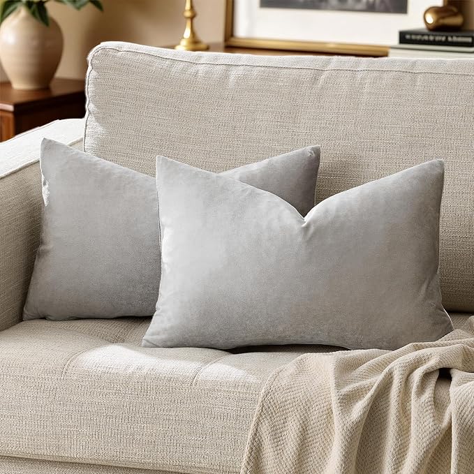 GIGIZAZA Silver Grey Velvet Throw Pillow Covers 12x20 Pack of 2 | Decorative Lumbar Pillows for Couch Sofa,280gsm Soft Textured Fabric,Modern Pillowcases,Luxury Cushion Covers
