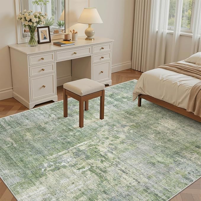 Soalmost Abstract 7x9 Area Rug for Living Room Washable Rugs Green/Ivory | Non-Slip Low-Pile Carpet for Dining Bedroom, Foldable Thin Vintage Stain Resistant Floor Mat Under Table Home Office Nursery