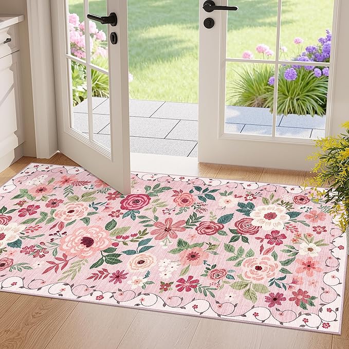 DUKINO 2x4 Entryway Rug, Floral Washable Kitchen Rugs Non Slip, Pink | Low Pile, Soft Indoor Runner Rug for Hallway, Bedroom, Bathroom, Laundry, Pet Friendly, Modern Home Decor, Stain Resistant