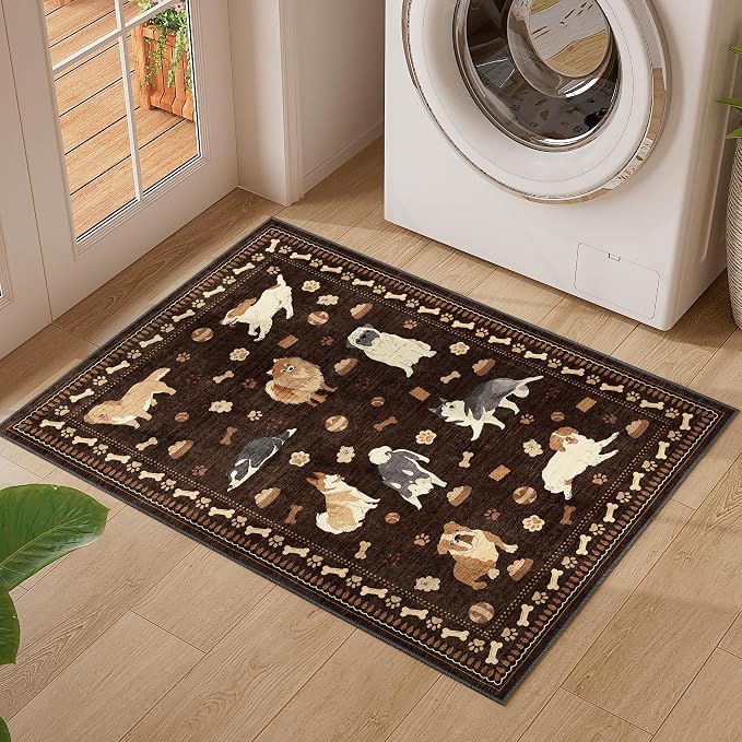 DUKINO 2x3 Bathroom Rugs, Washable Dog Kitchen Rug Non Slip, Brown | Low Pile, Stain Resistant Soft Indoor Door Mat, Small Front Door Animal Throw Carpet for Entryway Bedroom Farmhouse Kids Room