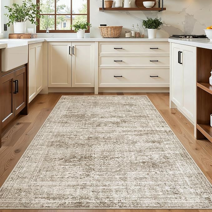 Soalmost 3x5 Rugs Non-Slip, Small Washable Kitchen Entryway Area Rug Brown | Vintage Low Pile Carpet for Nursery Coffee Table Bathroom, Foldable Stain Resistant Indoor Door Mat Entrance Powder Room