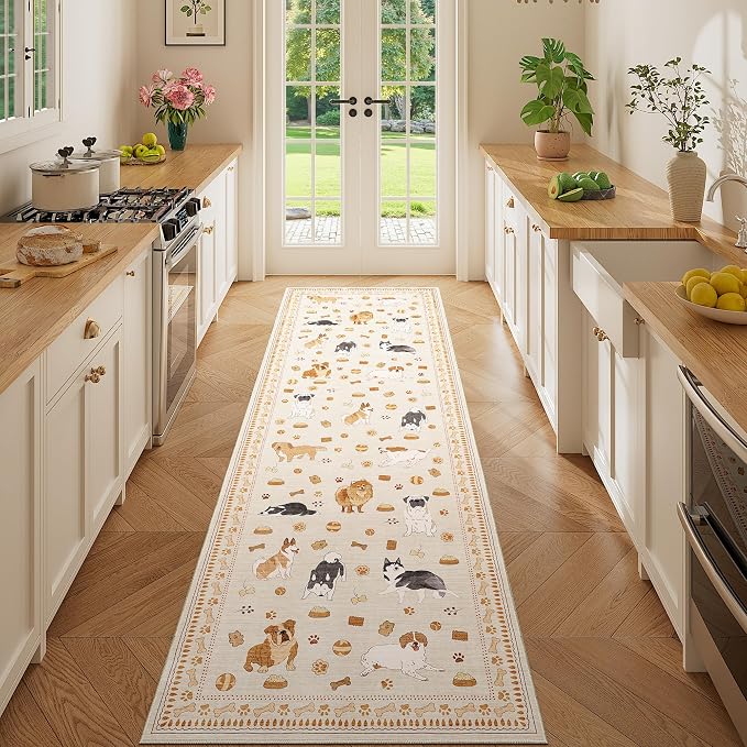DUKINO 2x6 Kitchen Runner Rug, Washable Soft Non Slip Dog Rug, Beige Yellow | Stain Resistant, Low Pile Non-Shedding Animal Carpet Runner for Hallway Laundry Entryway Bathroom Bedroom, Kid & Pet Friendly