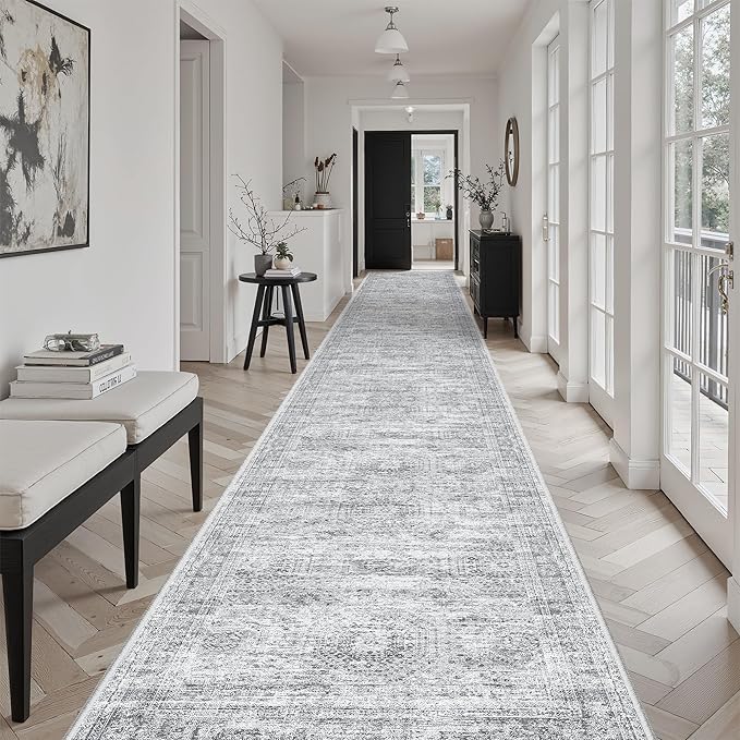 Soalmost Washable Hallway Runner Rug 3x20 Kitchen Entry Rugs Non-Slip, Grey | Vintage Extra Long Runners 20ft for Bathroom Entryway, Foldable Low-Pile Wide Floor Carpet for Corridor Living Room Bedroom
