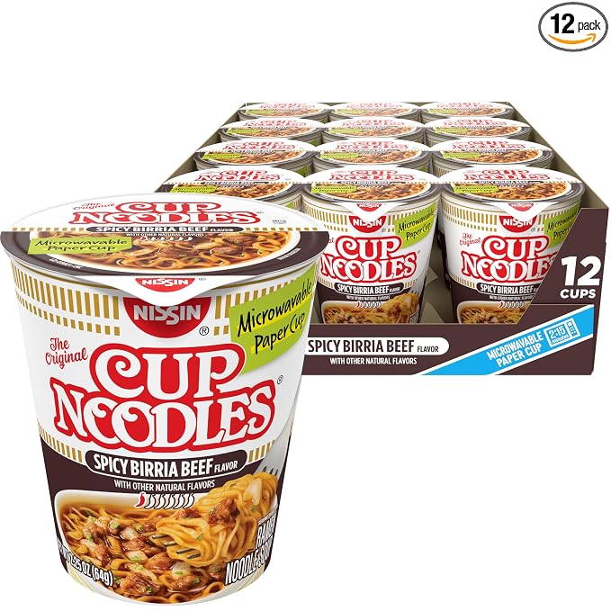 Nissin Cup Noodles, Spicy Birria Beef (Pack of 12) | Ramen Noodle Soup