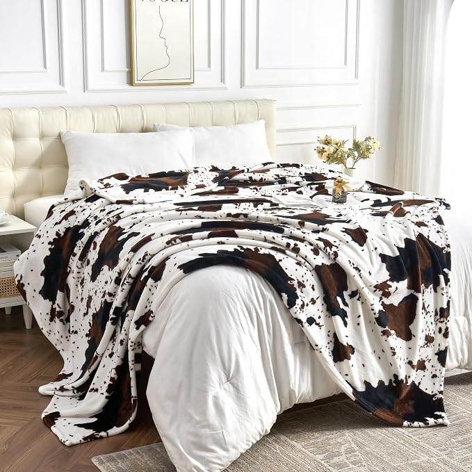 Edenleaf Queen Size Cow Blanket for Couch Bed, Soft Cozy Fleece Cow Printed Blanket for All Seasons 90"x90" (Dark Brown)