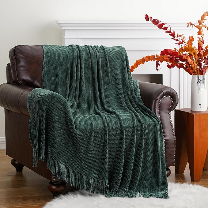 BATTILO HOME Dark Green Throw Blanket for Couch, 60"x80" | Soft Chenille Knit Throw Blanket with Tassels for Christmas Decor, Christmas Green Blanket for Bed Couch Cover