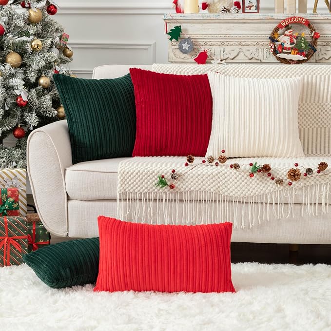 UGASA 18x18Inch Stripe Decorative Throw Pillow Covers Pack of 2 Soft Velvet Solid Square Cushion Case for Sofa Bedroom Couch, Cream