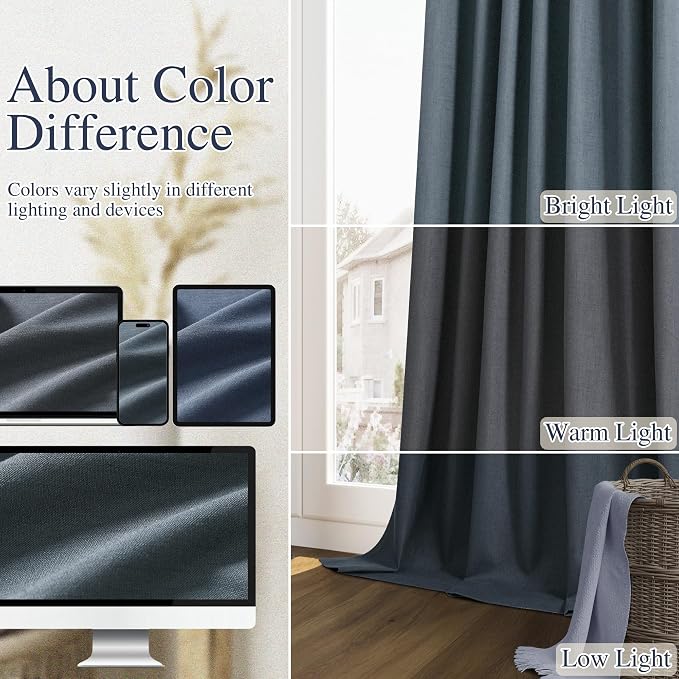 Guken 100% Blackout Linen Curtains 102 Inch Length 2 Panels Set for Living Room Bedroom Back Tab Thermal Insulated Black Out Drapes Room Darkening Window Curtains,Vintage Blue