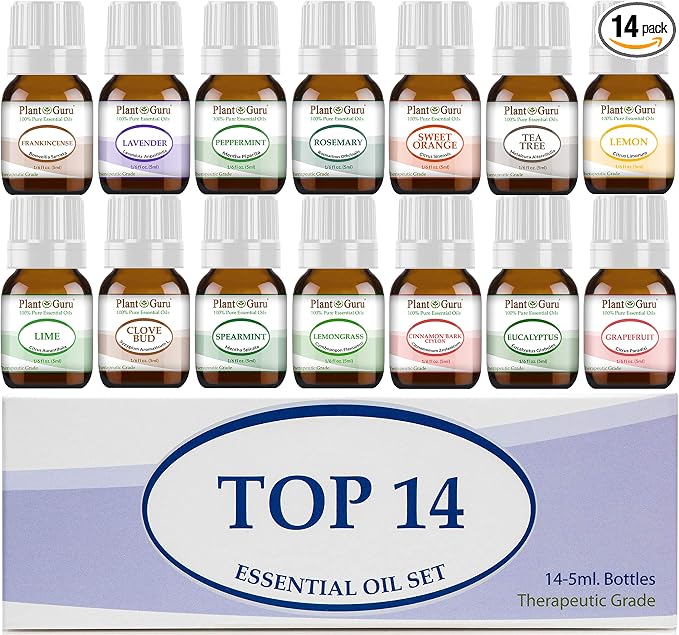 Essential Oil Set 14-5 ml Therapeutic Grade 100% Pure Frankincense, Lavender, Peppermint, Rosemary, Orange, Tea Tree, Eucalyptus, Grapefruit, Lemon, Lime, Clove, Spearmint, Lemongrass, Cinnamon