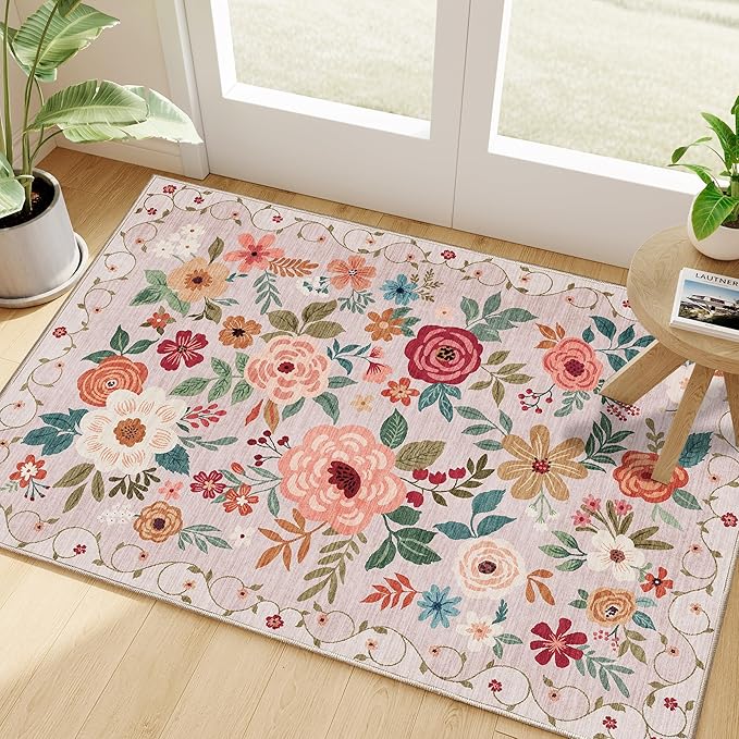 DUKINO 2x3 Entryway Rug, Floral Door Mat Soft Washable Rug Non Slip, Beige | Low Pile, Non-Shedding Small Rug for Kitchen, Entrance, Bedroom, Bathroom, Pet Friendly, Stain Resistant, Modern Home Decor