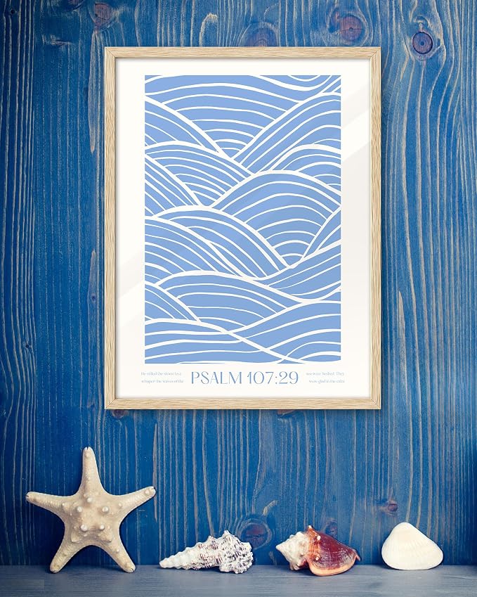 EcoHest 16x20 in Psalm 107:29 Ocean Waves Framed Christian Wall Art | Solid Oak Wood Frame with Canvas Wall Art, Scripture Bible Verse Decor for Bedroom, Living Room, Office, Church, 1Pack