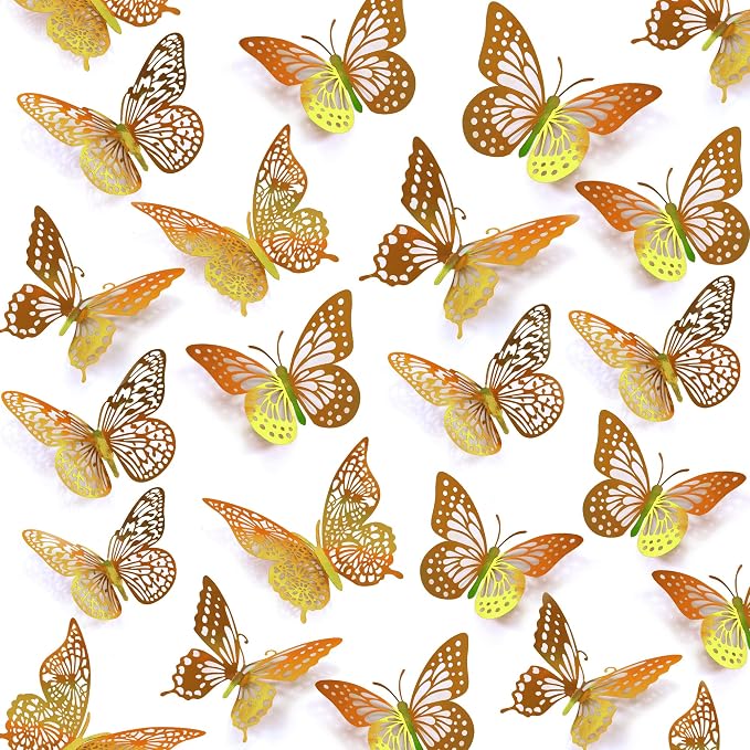 SAOROPEB 3D Butterfly Wall Decor 48 Pcs Laser Gold Butterfly Decorations | 4 Styles 3 Sizes, Birthday Decorations Butterfly Party Decorations&Butterfly Cake Decorations-Removable Gold Butterfly