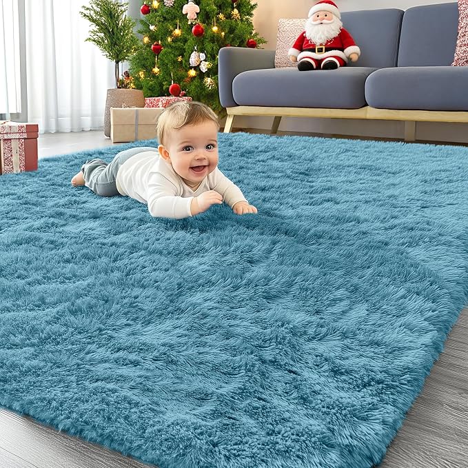 OLANLY Area Rugs for Living Room Bedroom, Machine Washable 4x5.9 ft Soft Fluffy Shaggy Bedside Rug, Indoor Floor Carpet for Kids Girls and Boys, Dorms, Nursery Rooms, Home Decor Aesthetic, Slate Blue