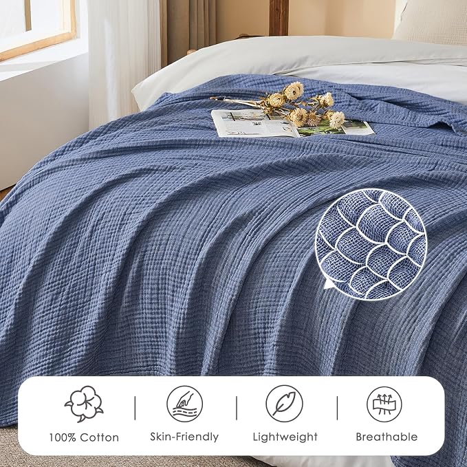 EMME Cotton Muslin Queen Blanket Bed Layering Bedspread Coverlet Breathable Gauze Soft Lightweight Adults (Heather Navy, 90"x90")