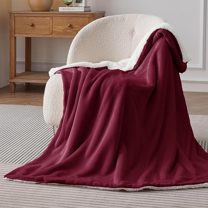 Bedsure GentleSoft Sherpa Fleece Twin Size Blanket for Couch, Non-Heated, Thick and Warm Throw for Girls and Women, Soft Fuzzy Plush Twin Blanket for Winter, Burgundy, 60x80 Inches
