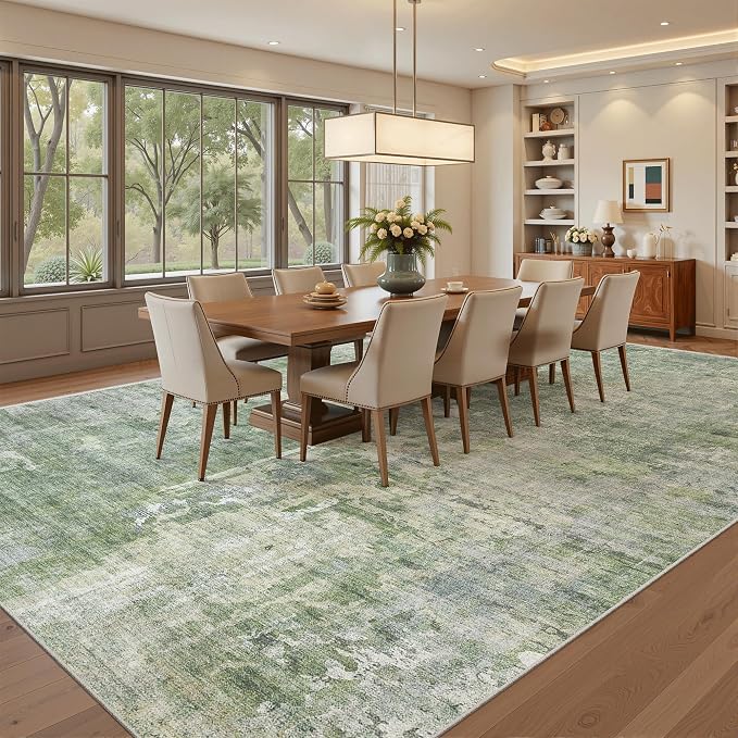 Soalmost 9x12 Area Rugs for Living Room Washable Rug Abstract Green/Ivory | Non-Slip Large Modern Carpet for Dining Bedroom, Soft Low Pile Lightweight Foldable Floor Mat Nursery Home Office Decor