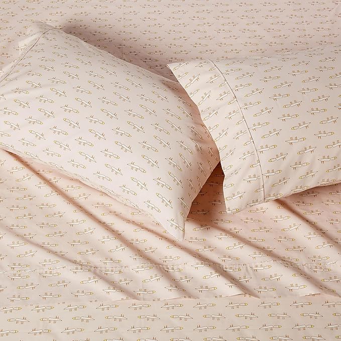 Amazon Basics 100% Organic Cotton Kids' Sheet Set with Pillowcase, Full Size, Pale Pink Fox