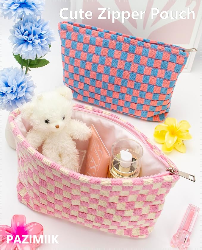 Knitted Checkered Makeup Bag Large Zipper Make Up Accessory Pouch for Purse Cosmetic Brush Bag for Travel Essential Pink Beige